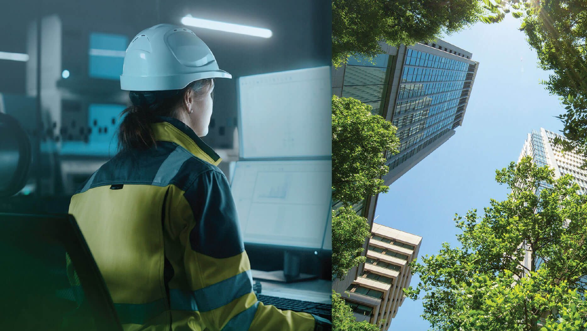 Industrial Energy Efficiency playbook image - Worker with a hard hat and photo about a city.